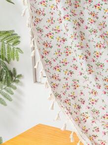 1pc Pink Floral Curtain With Tassels, Suitable For Dining Room, Cafe, Bedroom, Living Room, Kitchen, Year-Round Home Use