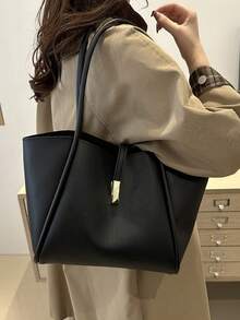 New Elegant Plain Chic High-End Versatile Ladies One Shoulder Tote Bag - Black - View 4