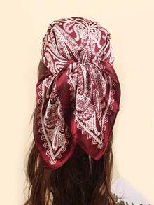 1pc Paisley Printed Women Bandana,Faux Silk Printed Square Scarf, Fashion Multifunctional Headband/Hairband, Suitable For Daily Use - Wine Red - View 1