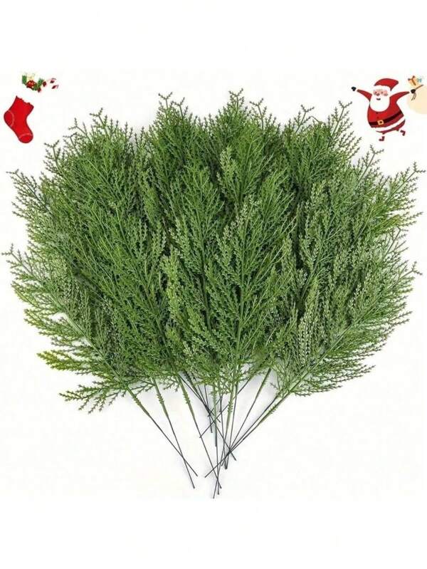 50 szt. 34 cm/13,5 cala sztucznych zielonych roślin – liście sosny i cyprysu, igły sosnowe, wieńce świąteczne, akcesoria do kompozycji kwiatowych, sztuczne gałęzie drzew – odpowiednie do wnętrz i na zewnątrz, do dekoracji salonu