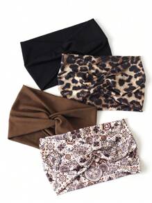 Set de 4 diademas anchas de mujer estampadas y de unicolor con diseño cruzado, accesorios de diadema turbante versátiles con estampado de leopardo y coloridos, cintillo de sudor