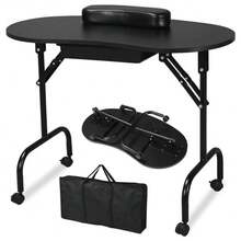 Black Folding Nail Desk W/Wheels & Bag Manicure Table Beauty Salon Spa - 1 - View 2