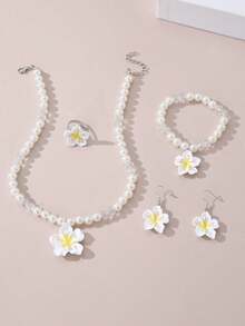 Set de 5 piezas de joyería para niñas con collar, pulsera, aretes y anillo con moños y flores de resina, adecuado para decoración diaria - Multicolor - Ver 8