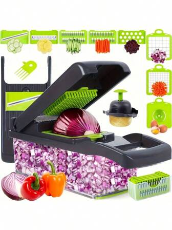 1 Picador de cebolla de verduras, Máquina de cortar multifuncional, Herramienta de procesamiento de ingredientes, Picador de cebolla con cesta de drenaje, Picador de zanahoria y ajo con contenedor, Utensilios de cocina, Accesorios de cocina, Adecuado para uso doméstico/restaurante para un corte rápido