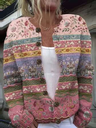 Fashionable New Floral Printed Round Neck Long Sleeve Cardigan For Women, Versatile Digital Print Lightweight Sweater Top, Autumn/Winter