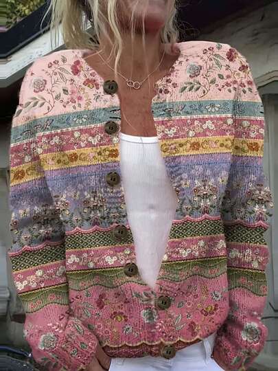 Fashionable New Floral Printed Round Neck Long Sleeve Cardigan For Women, Versatile Digital Print Lightweight Sweater Top, Autumn/Winter
