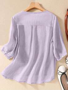 女式刺绣宽松复古中袖套头衫，春夏 - 淡紫色 - 查看 7