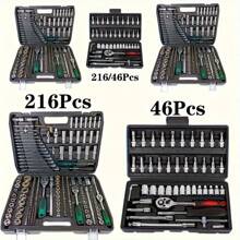 Multi-Purpose Vehicle Repair Tool Set, 46 & 216 Pieces Motorcycle Maintenance Set With Plastic Storage Box, Outdoor Cycling Emergency Bicycle Repair Tool Set, Including Hex Wrenches, 1/2 & 3/8 Drive Deep And Standard Sockets, Universal Joints, Screwdrivers, Ratchets, Sliding Bars. It Is Suitable For DIY Enthusiasts And Mechanics, And Applicable To The Repair And Maintenance Of Automobiles, Motorcycles, Bicycles And Machinery.