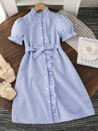 Left Mama 优雅条纹泡泡袖荷叶边领女童连衣裙，夏季