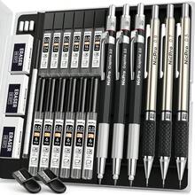 Nicpro 6 件套艺术自动铅笔套装，3 件金属绘图铅笔 0.5 毫米 & 0.7 毫米 & 0.9 毫米 & 3 件 2 毫米石墨铅芯支架（2B HB 2H）用于书写、素描绘画，带铅芯替换盒，适合返校 - 銀色 - 查看 1