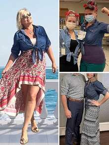 Women' Roll Up 3/4 Sleeve Tie Front Knot Shirt Chambray Denim Crop Top - Dark Wash - View 3