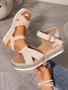 女士厚底坡跟凉鞋，2024春夏新款时尚休闲沙滩鞋 - 米色 - 查看 7