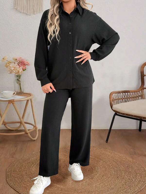 Conjunto de 2 piezas de top texturizado de unicolor y pantalones de punto para mujer