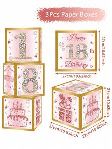3 件，27*27 厘米粉红金色生日快乐纸惊喜盒气球盒礼品盒，闪光 18 岁 50 岁 60 岁生日派对装饰家居房间背景装饰，拍照道具，生日婴儿送礼会用品，生日礼物