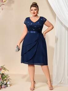 Sequin Lace V-Neck Ruffle Hem Chiffon Cocktail Dress, Suitable For Valentine's Day, Dinner Date, Graduation Ceremony, Homecoming - Navy Blue - View 11