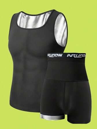 ARUNOW Sauna Sweat Suit, Men's Sleeveless Tank Top And Shorts Set, Sportswear Undershirt And Running Shorts Set, European & American Sizes Gym Accessories