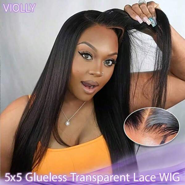 VIOLLY Peruca VIOLLY 200% densidade 4x4 5x5 sem cola HD Lace Closure - Perucas de cabelo humano liso de 200% densidade, linha do cabelo pré-arrancada com cabelo de bebê, nós descoloridos, prontas para usar, design sem cola para iniciantes, estilo elegante para mulheres