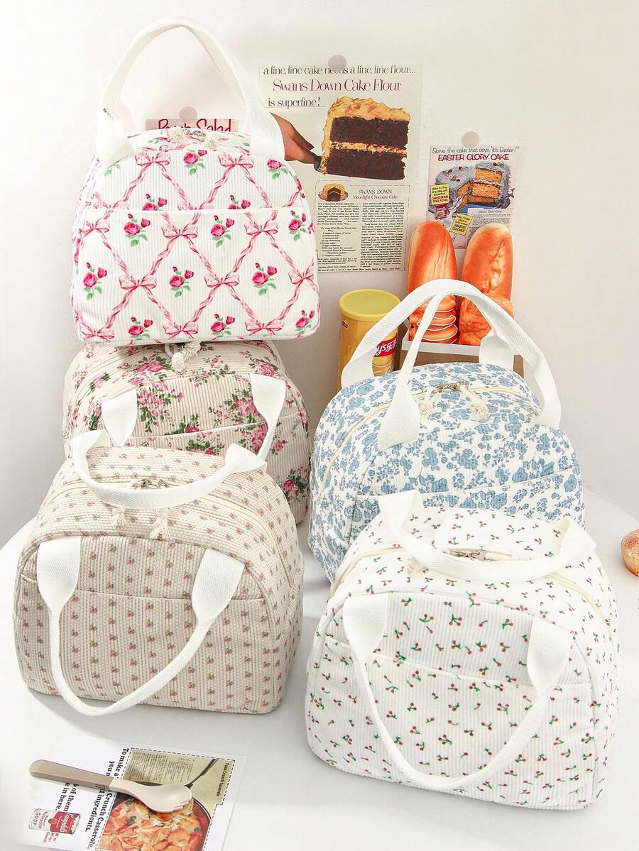 1 Piece Cute Floral&Bow Pattern Insulated Lunch Box Portable Lunch Tote Bag With Handle Corduroy Lunch Bag With Cherry Print Zippered Lunch Handbag With Woven Rope Decor Large Capacity Food Storage Bag With Compartment Suitable For Picnic, School, Office, Camping Suitable For Students, Teachers, Office Workers, Family Good Choice For Teacher's Day Gifts, Mom Gifts, Children's Day Gifts Back To School School Stuff Bag For School Lunch Bag For Women Cooler Bag Picnic Accessories