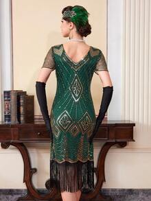 20世纪20年代的轻佻女郎连衣裙，《了不起的盖茨比》咆哮的20年代女性连衣裙，透明串珠袖子服装 - 綠色 - 查看 11