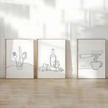 3pcs/Set Wooden Framed Canvas Posters, Black And White Modern Minimalist Line Print, Kitchen Wall Art Cutlery Wine And Cheese Coffee , For Living Room, Bedroom, Kitchen, Dining Room, Classroom Decor, Office,Wall Art, Wall Decoration, Room Decoration, Perfect Gift For Art Lovers & Home Decor Enthusiasts, Optional Frame - Multicolor - View 2