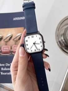 1 pieza Reloj de pulsera de cuarzo clásico y de moda para hombre con correa y esfera cuadrada, diseño minimalista casual, sin caja
