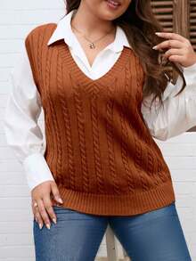 College Style, Braid, V-Neck, Plus Size, Fall And Winter, Valentine's Day Knit Vest - Rust - View 1
