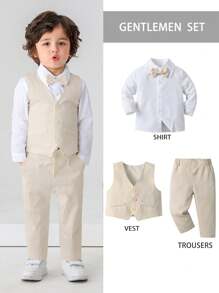 BOARNSEORL 3pcs Young Boys Gentleman Outfit Set: White Shirt With Bowknot, Vest And Pants, Suitable For Birthday Party, Wedding, Holiday And Other Formal Occasions