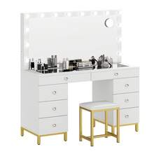 Makeup Vanity Desk Set Come With Stool 8 Drawers Storage Prowar Outlet & LED Lighted Mirror Brightness & Lighting Color Adjustable Vanity Table For Girls Women - trắng - Xem 7