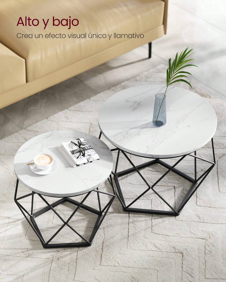 Mesa de Centro Redonda, Juego de 2 Mesas Auxiliares, Estilo Moderno, Tablero Extraíble, Marco de Acero, para Sala de Estar, Blanco y Negro, Vuelta al Cole - Blanco y Negro - Ver 1