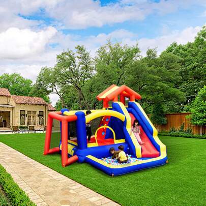 KFFKFF Inflatable Bounce House, Outdoor High Quality Playhouse Trampoline, Jumping Bouncer With Blower, Slide, And Storage Bag, Family Backyard Bouncy Castle, For Kid Ages 3–8 Years, 131x133x91 Inch