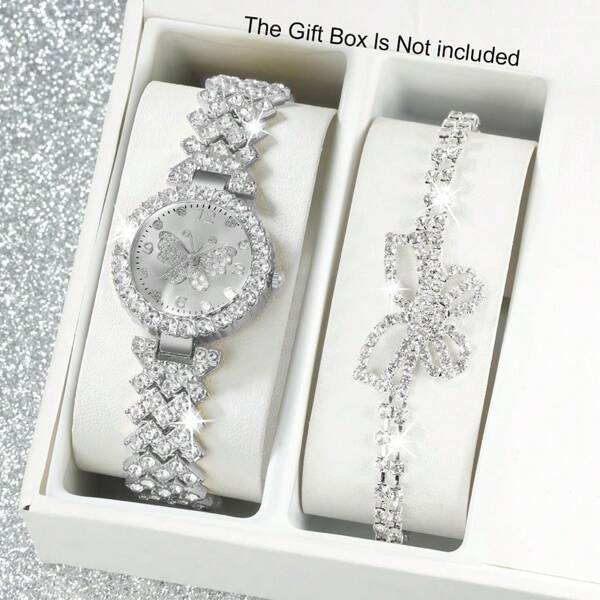 2pcs Women's Watch Fashion Rhinestone Scale Butterfly Dial Rhinestone Quartz Watch Round Hands Women's Clocks & Jewelry Accessories Rhinestone Butterfly Bracelet Set Party Wedding Gift Beach Vacation Valentine Gift