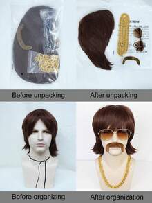 4 pièces Set Perruque disco des années 70 80 avec moustache, lunettes et chaîne. Perruque courte brune bouclée avec frange pour hommes, style mullet pour chanteur des années 60, rocker, hippie. Costume, cosplay, fête. Perruque brune courte et ébouriffée avec 1 collier doré, 1 barbe brune, 1 paire de lunettes pour homme. Perruque afro synthétique résistante à la chaleur avec frange, cadeau pour les fêtes, Thanksgiving, anniversaire, décorations de Noël - Tabac - Voir 7