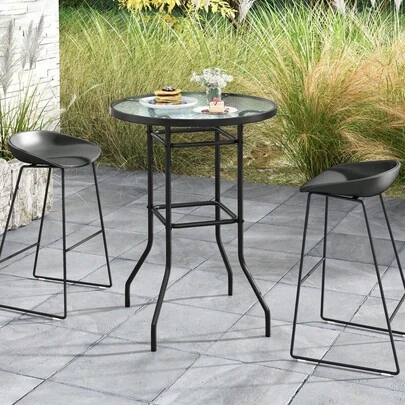  GOFLAME Patio Bar Table, Round Counter Height Bistro Table With Tempered Glass Tabletop & Heavy-Duty Metal Frame, 38" Outdoor Cocktail Table For Patio Yard Poolside