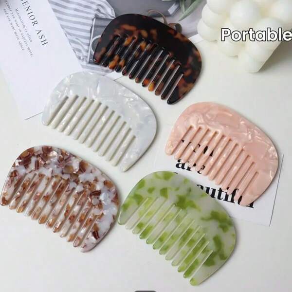 Marble Textured Acetate U-Shape Hair Comb, Simple Korean Style Hair Accessory, Suitable For Long And Curly Hair, Anti-Static Design, Large Size