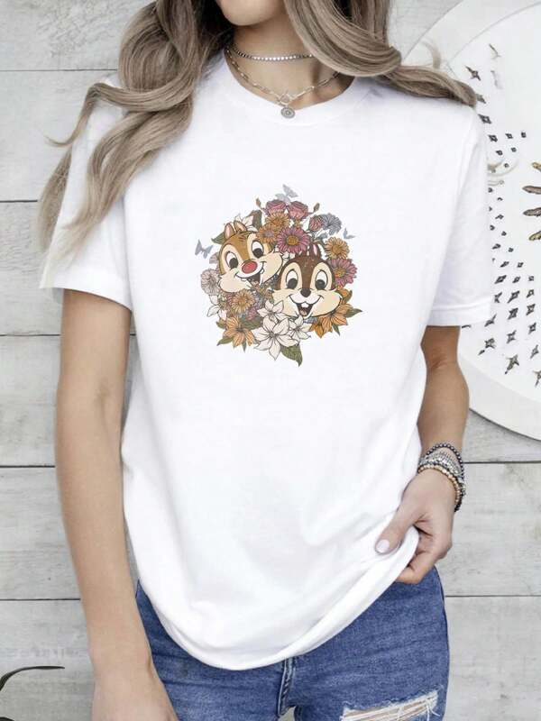 Disney 180g Pure Cotton Vintage Chip And Dale Shirt, Disney Floral Chip And Dale T-Shirt, Disney Vacation Gifts Tee, Funny Magic Kingdom, Disney Family Trip Graphic Casual Versatile Stylish Female Slightly Comfortable Women Breathable Streetwear Stretched Fashion Unisex Soft