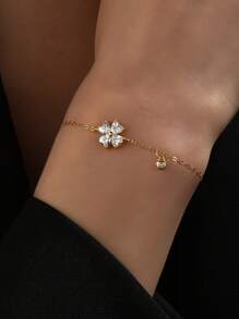 1 pieza Brazalete minimalista de moda de flor de trébol hueco de plata esterlina S925 con circonita, para uso diario, regalo ideal para mujeres, joyería para el Día de San Valentín y días festivos