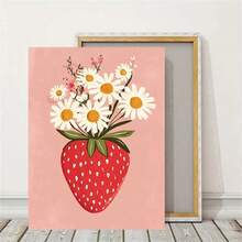 1pc Strawberry & Daisy Illustration Canvas Print Vintage Cartoon Wall Art Poster Fashion Paintings For Living Room Bedroom Home Office Dormitory Decor Wall Background Design Picture Optional Frame