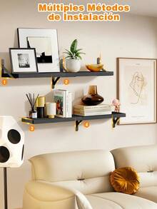 4 muebles de madera sencillos, estantes flotantes de madera rústica, adecuados para sala de estar, baño, dormitorio, cocina y otra decoración del hogar - Negro - Ver 5