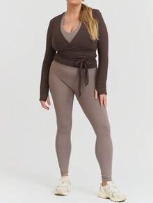 Women Y2K Pilates Wrap Top Long Sleeve Deep V Neck Tie Front Workout Ballet Pilates Yoga Shirt Casual Slim Fit Sports Active Tops - 棕色 - 查看 5