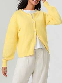 Women Button Up Sweaters Casual Lightweight Solid Color Knit Cardigans Warm Knitwear - Yellow - View 1