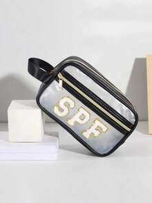 1 件防水 PVC 透明化妆包带手柄，男女通用，雪尼尔字母设计化妆包，户外旅行便携式洗漱用品收纳包，可爱礼物，适合女性化妆旅行洗漱用品收纳包透明必备礼品收纳拉链配件美甲旅行必备假期暑假返校学校用品包女士旅行化妆包 - 彩色 - 查看 5