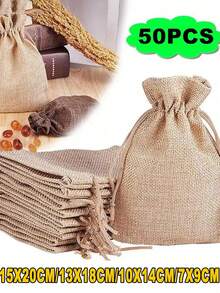 50 túi quà dây rút màu mơ, túi quà tặng tự làm cho đám cưới, túi đóng gói, đồ trang trí tiệc cưới, túi quà tặng Ngày của Cha. - Màu be - Xem 1