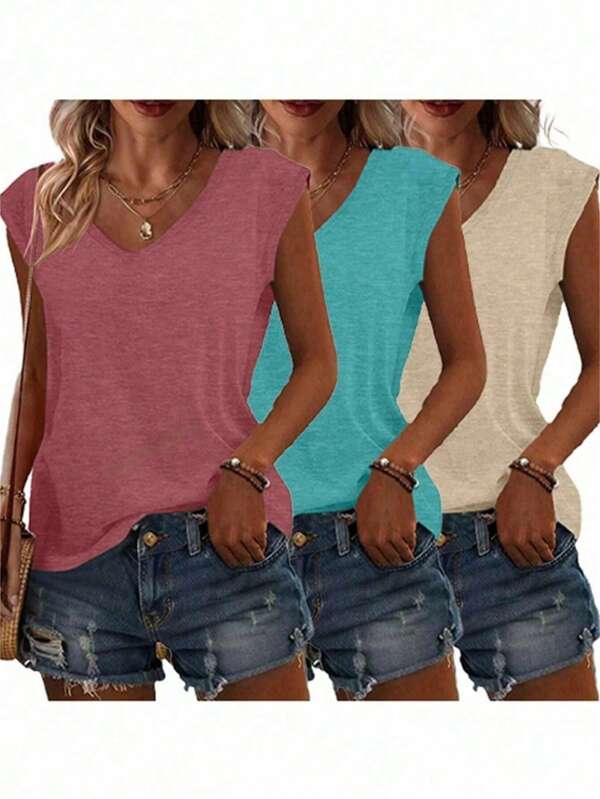 3pcs/Set Women Plus Size V-Neck Minimalist Casual Camisole Tops