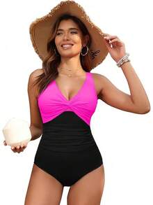 Women Tummy Control Swimsuit - Push Up Bathing Suit Full Coverage Slimming Swimwear - Hot Pink and Black - View 5