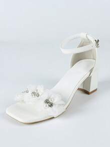 Women's White Floral Rhinestone Strap Thick Heel Sandals, Elegant Evening Party & Wedding High Heels, Summer