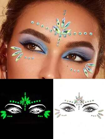 2pcs/Set Rhinestone Face Jewelry Stickers, 1 Glow-In-The-Dark & 1 Non-Glow, DIY Makeup Mask, Suitable For Music Festivals, Parties, Performance