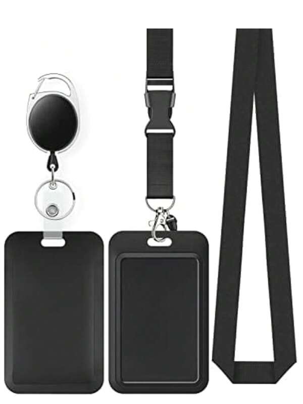 Sliding ID Card Holders Vertical Plastic Case With Retractable Badge Reel Carabiner And Removable Lanyard Strap Hard Protector For Credit Proximity Key Driving Licence Pass, Black
