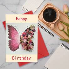 1pc Beautiful Floral & Butterfly Happy Birthday Greeting Card,School Supplies,Back To School