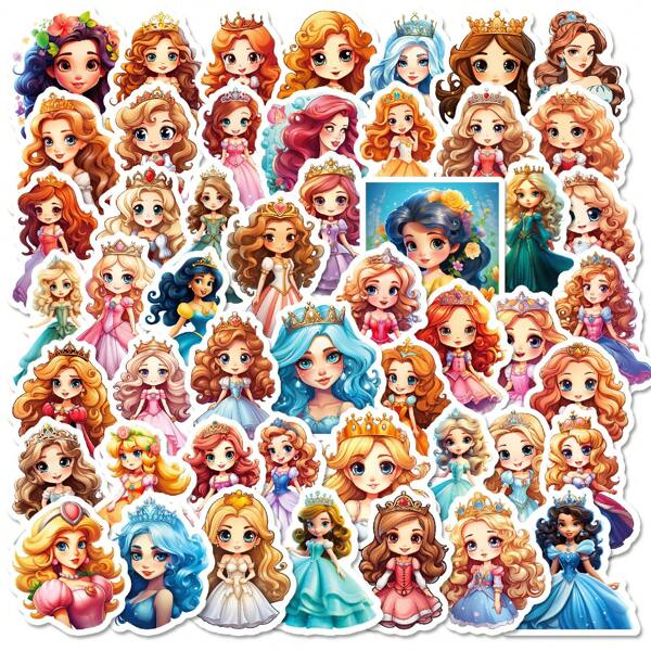 50 piezas de hermosos adhesivos de princesa a prueba de agua de PP, dibujos animados lindos y coloridos, adecuados para botellas de agua, monopatines, portátiles, cuadernos, equipaje, educación temprana, recompensas en el aula, interacción entre padres e hijos