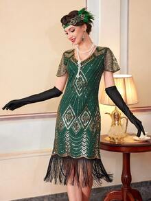 20世纪20年代的轻佻女郎连衣裙，《了不起的盖茨比》咆哮的20年代女性连衣裙，透明串珠袖子服装 - 綠色 - 查看 5